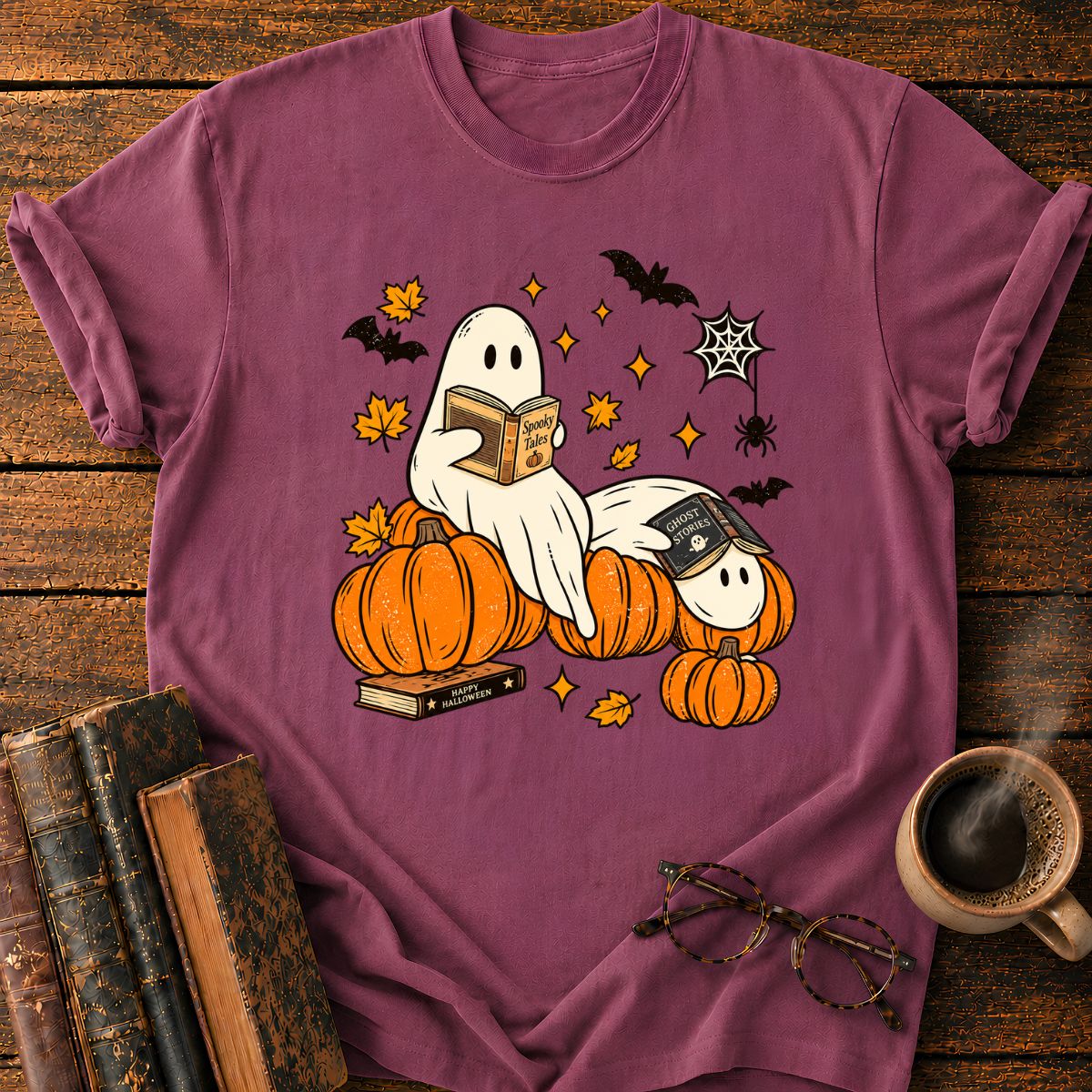 Ghost Reading A Book in Halloween T-Shirt