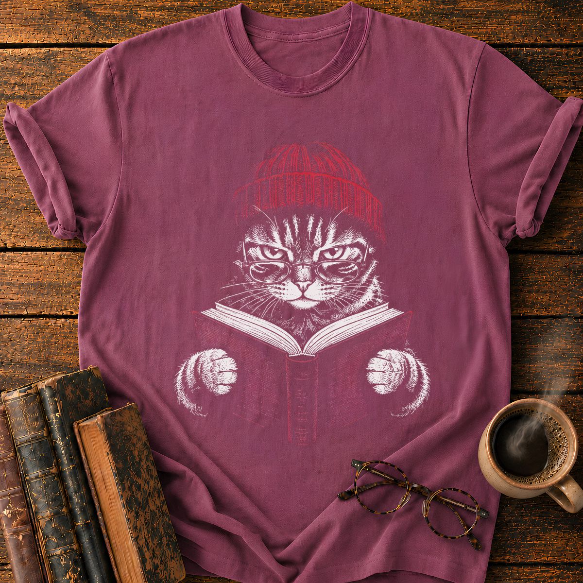 Cat with Red Beanie and Book T-Shirt