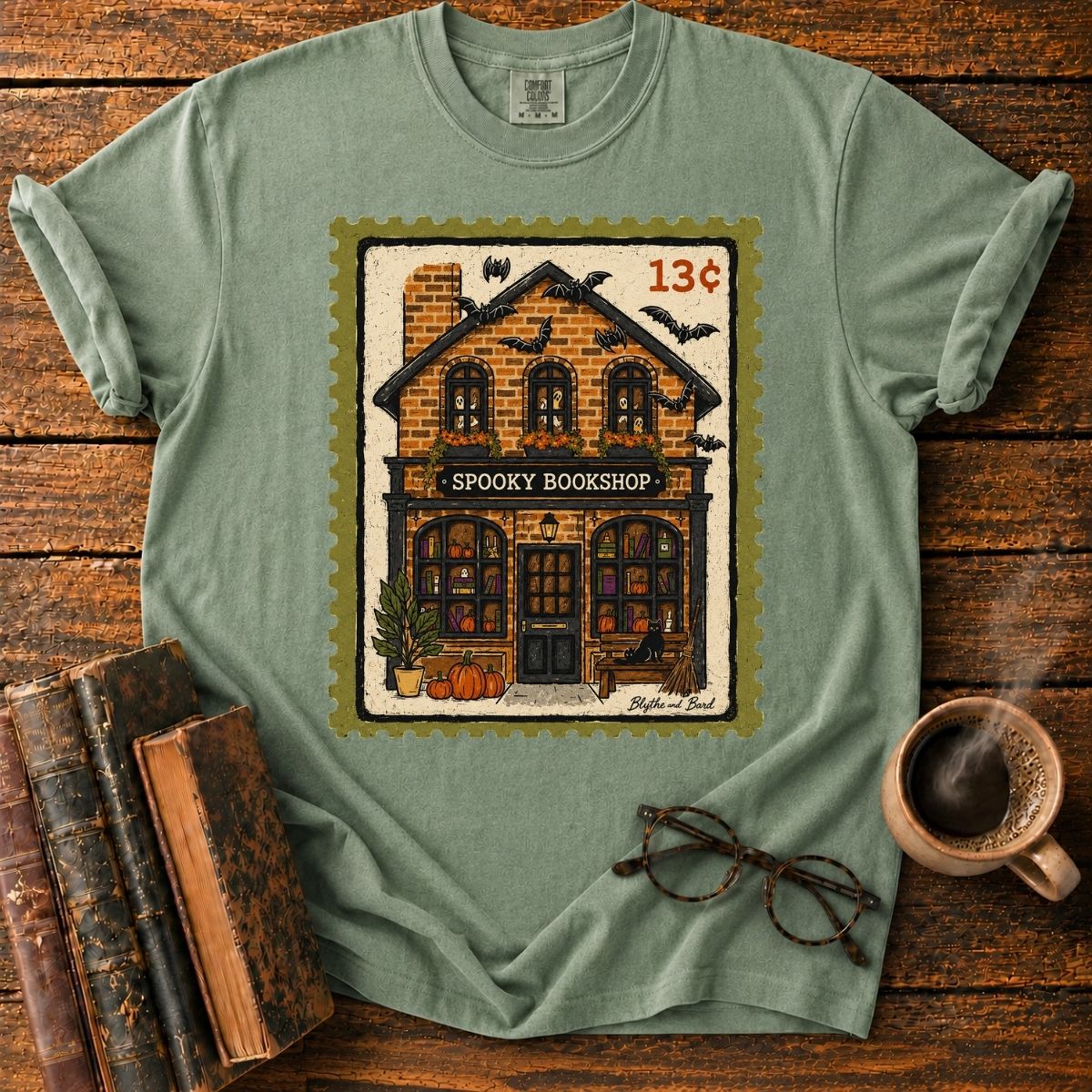 Spooky Bookshop Halloween Stamp T-Shirt
