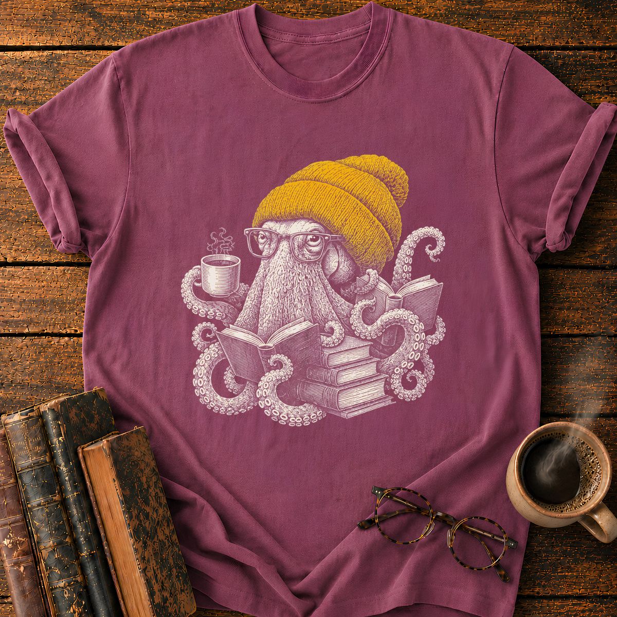 Octopus with Coffee and Books T-Shirt