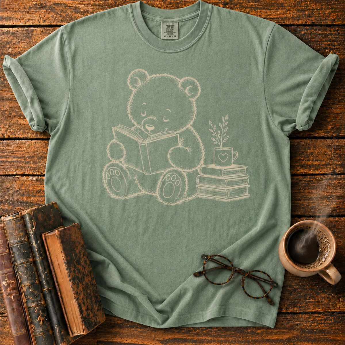 Bear Reading with Books and Mug T-Shirt