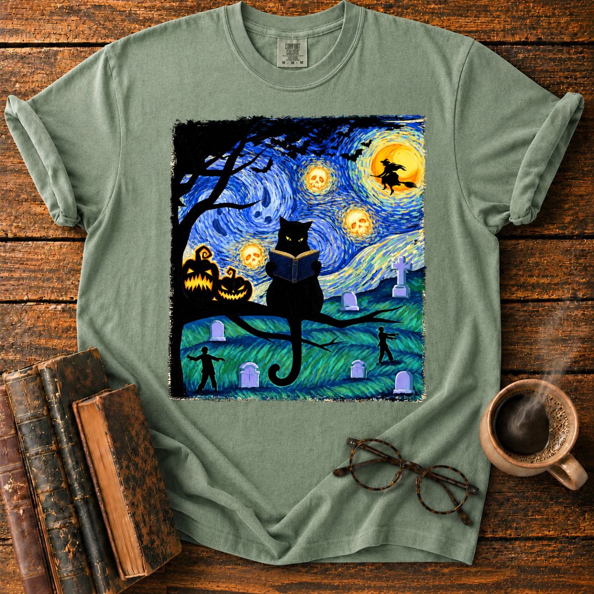 Black Cat Reading Under Skull Moon T-Shirt