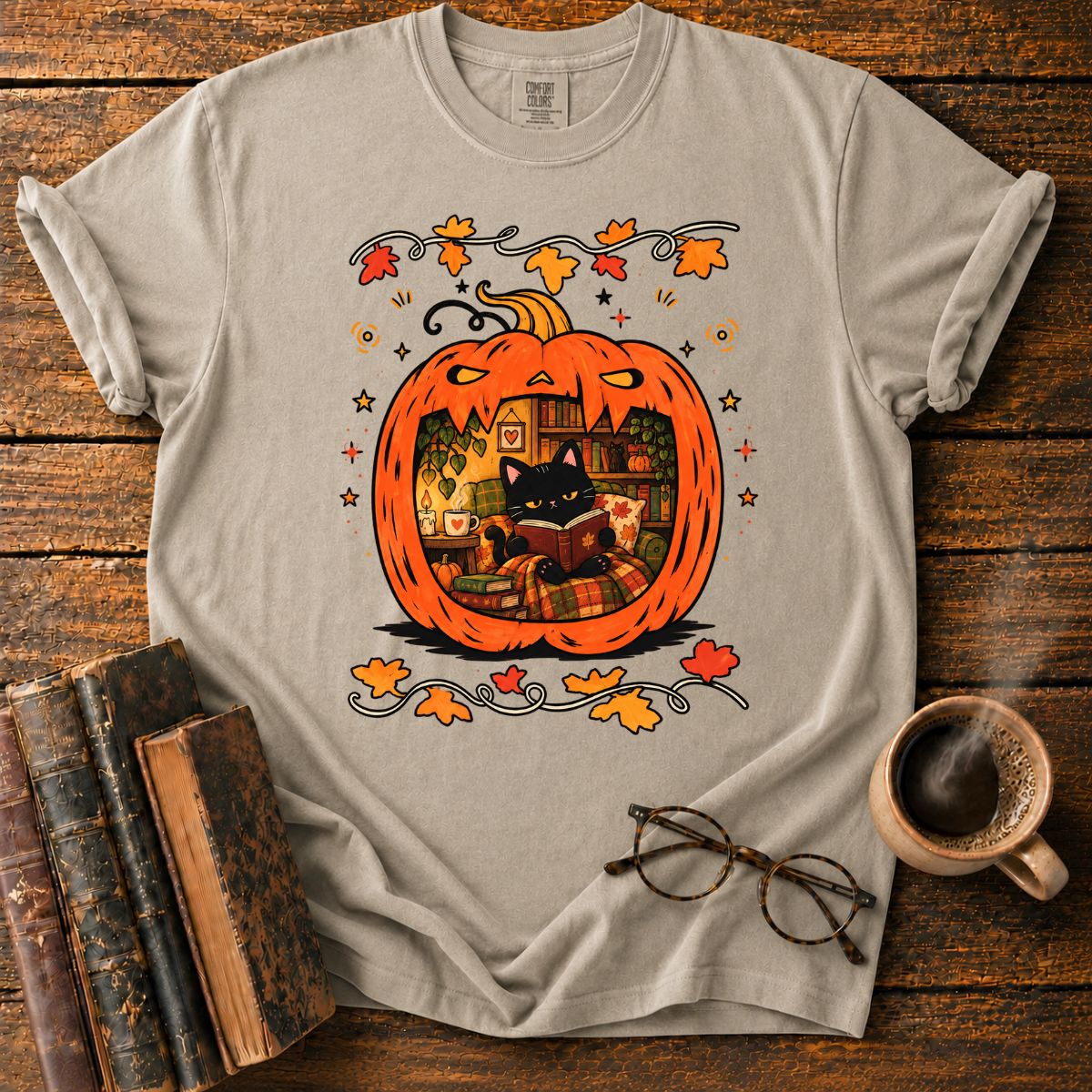 Cozy Pumpkin Reading Nook with Cat T-Shirt