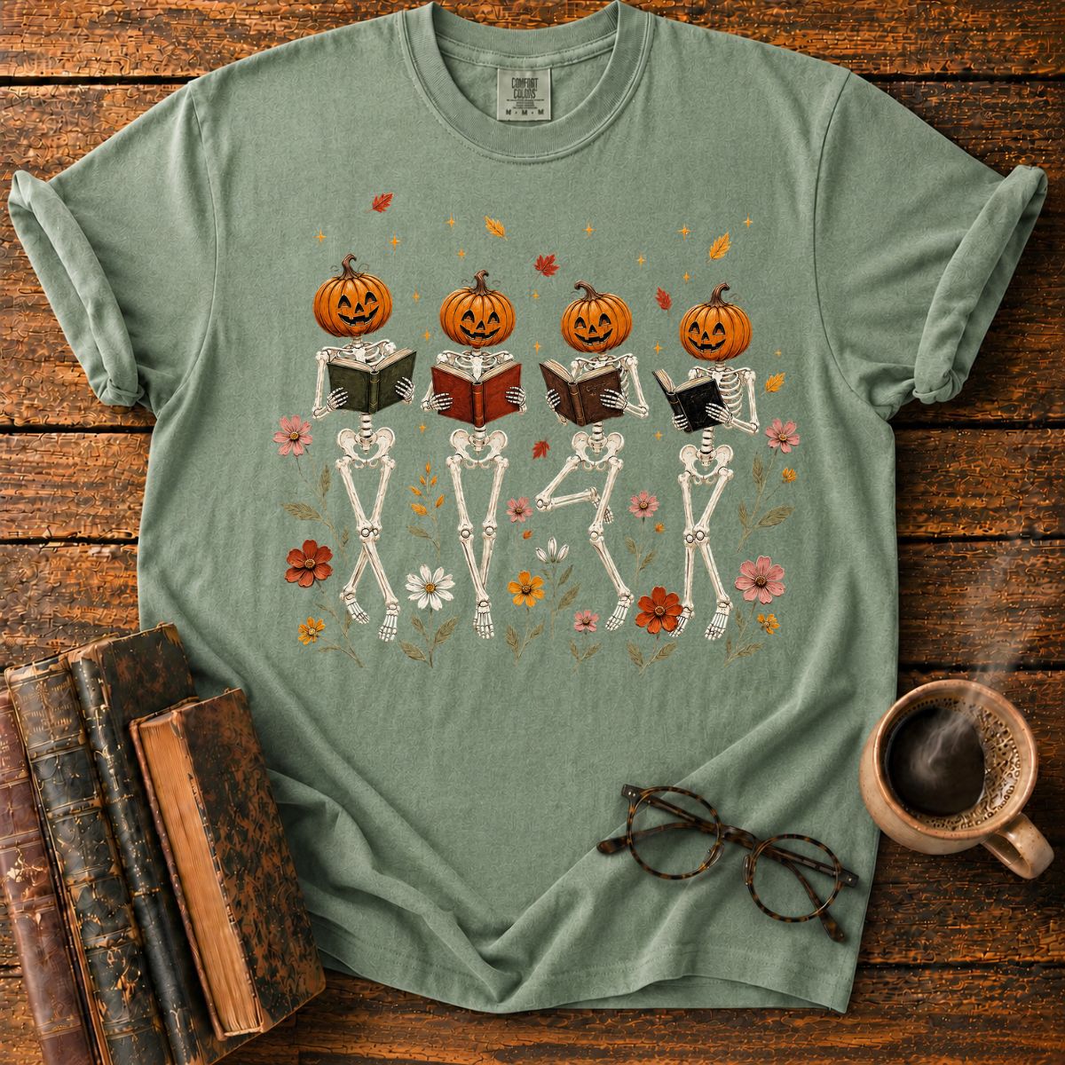 Skeletons Reading Among Autumn Flowers T-Shirt