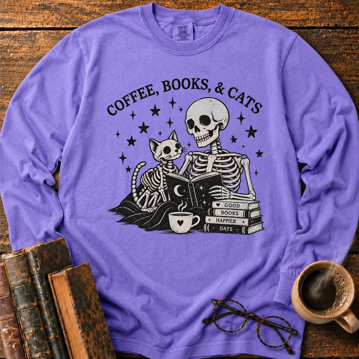 Coffee Books Cats LS T-Shirt