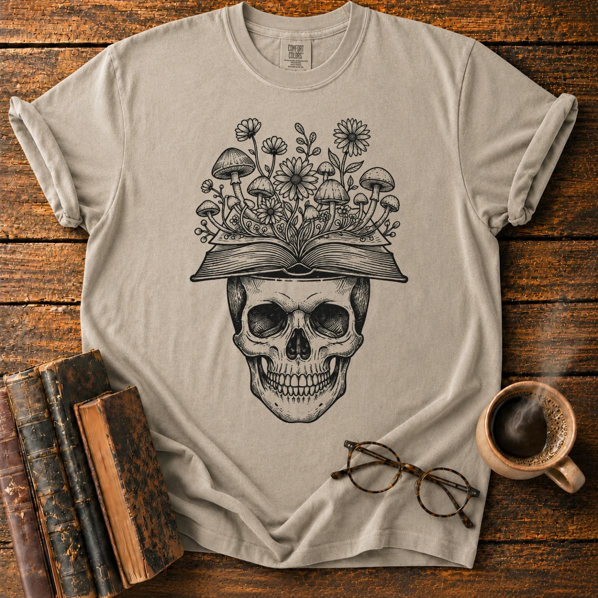Skull Book Mushroom Wildflowers T-Shirt