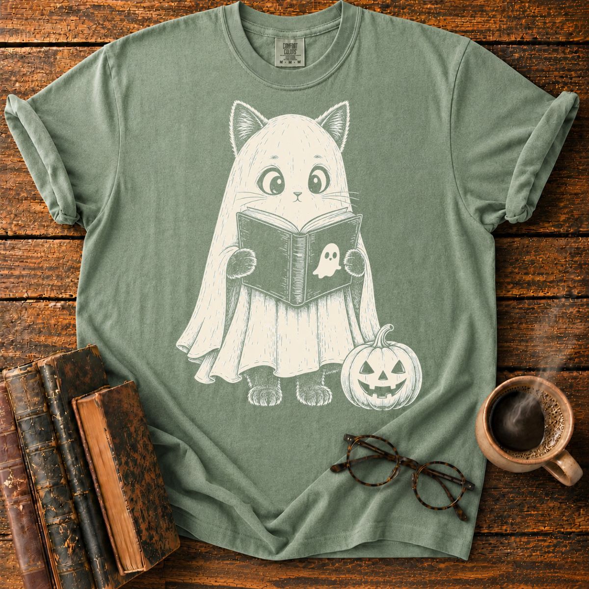 Ghost Cat Reading by Pumpkin T-Shirt