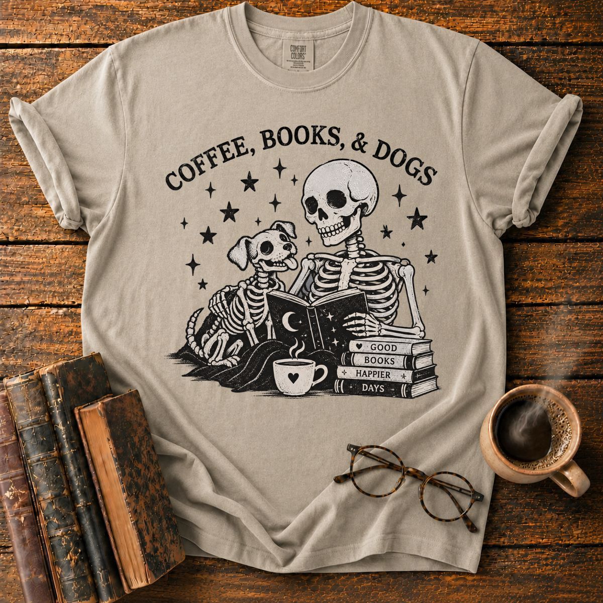 Coffee Books and Dogs Skeleton T-Shirt