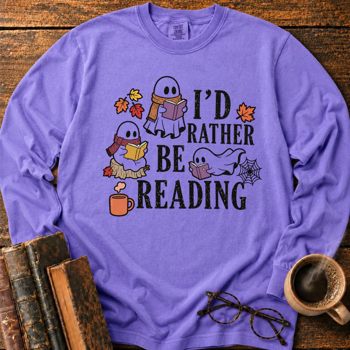 Cozy Halloween Ghosts Reading LS T-Shirt