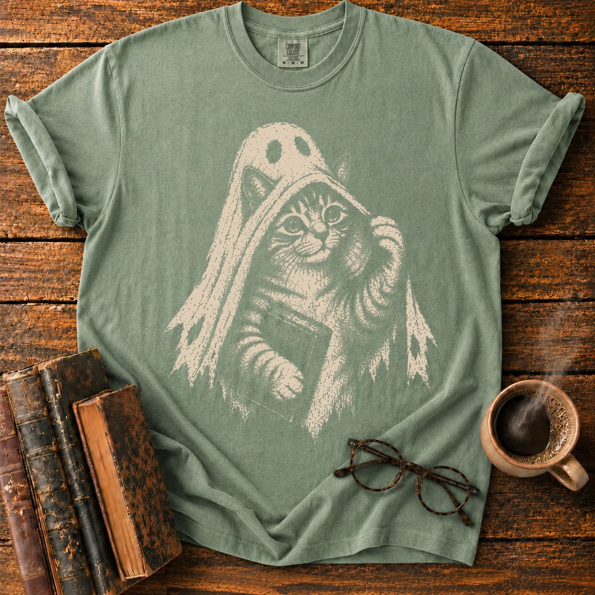 Ghost Kitten with Book T-Shirt