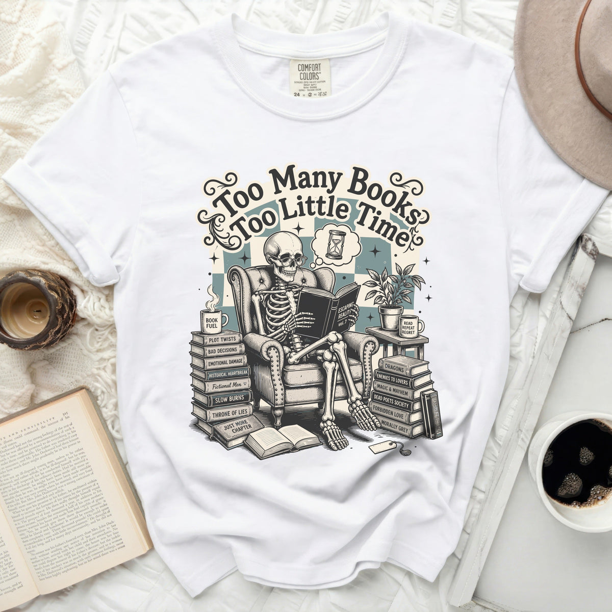Too Many Books Skeleton Tee