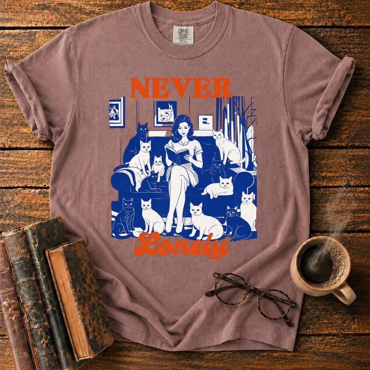 Never Lonely_ Cats and Cozy Reading T-Shirt