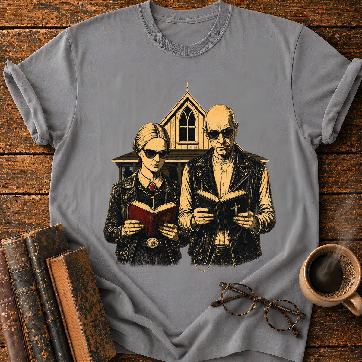 Gothic Couple Reading at the Chapel T-Shirt