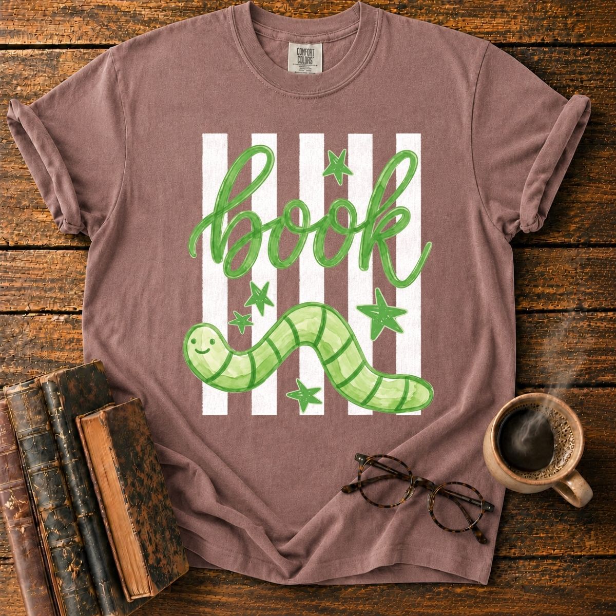 Green Bookworm on Pink Stripes T-Shirt