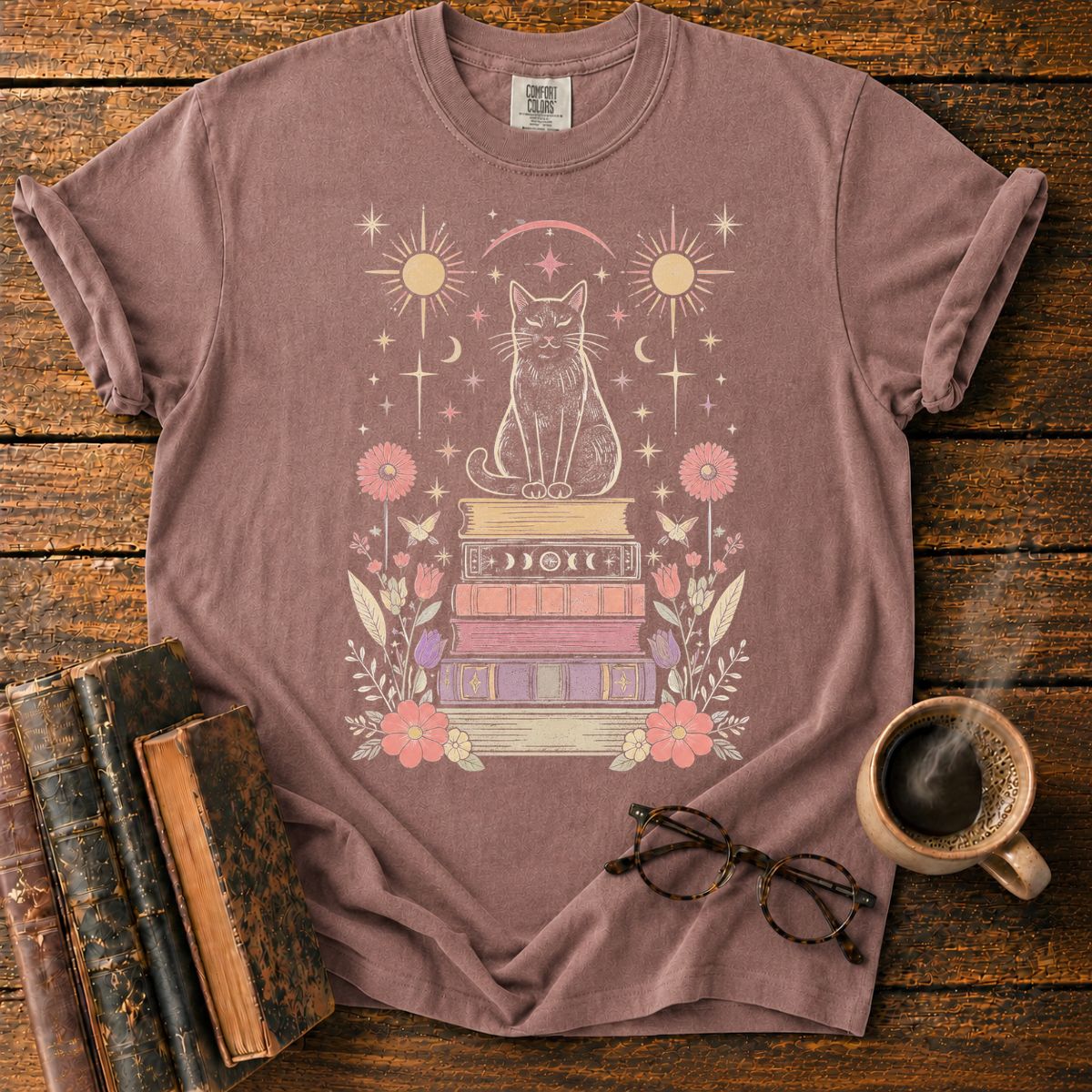Celestial Black Cat Book Stack T-Shirt