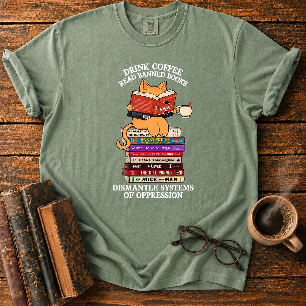 Cat Drink Coffee Read Banned Books T-Shirt