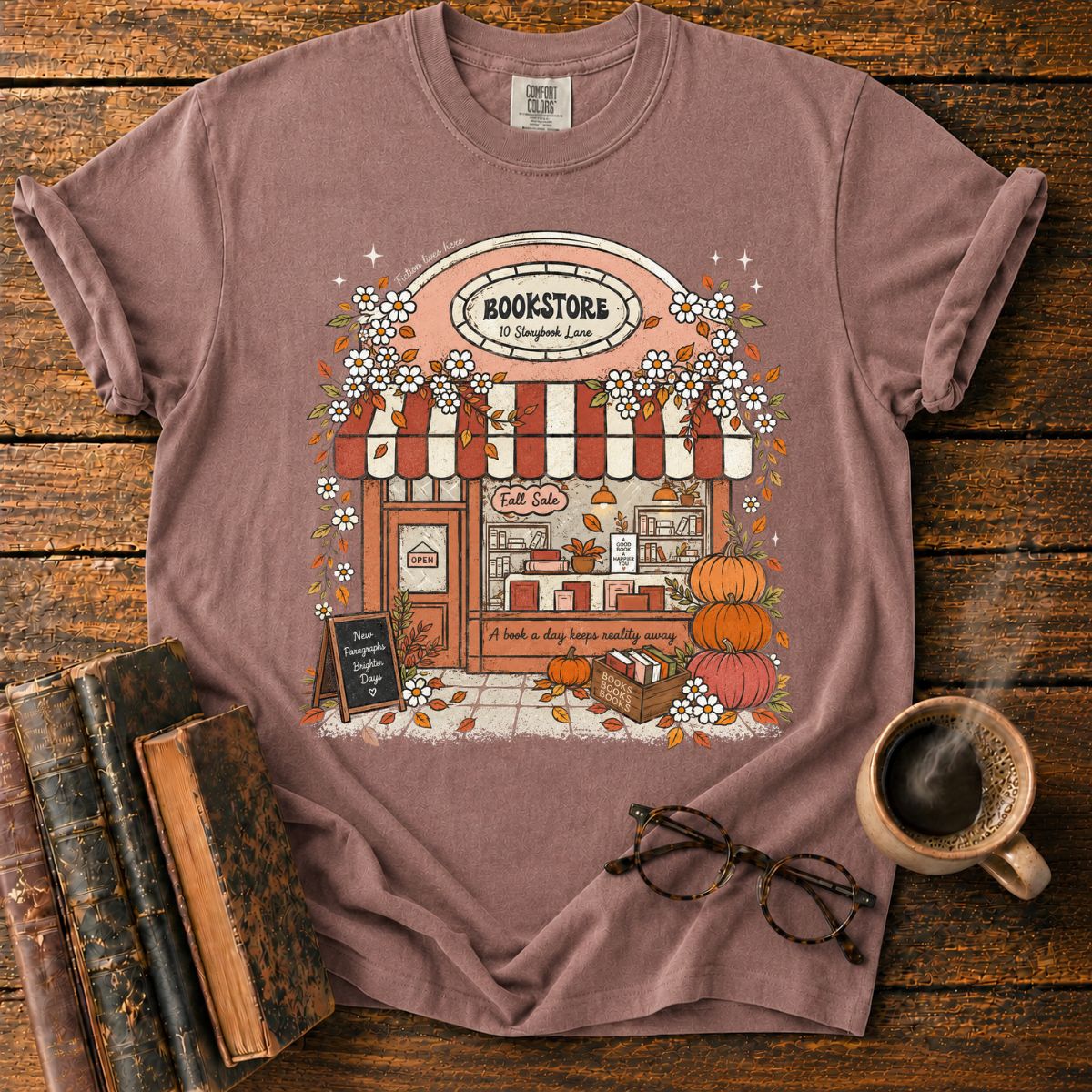 Cozy Fall Bookstore Storefront T-Shirt