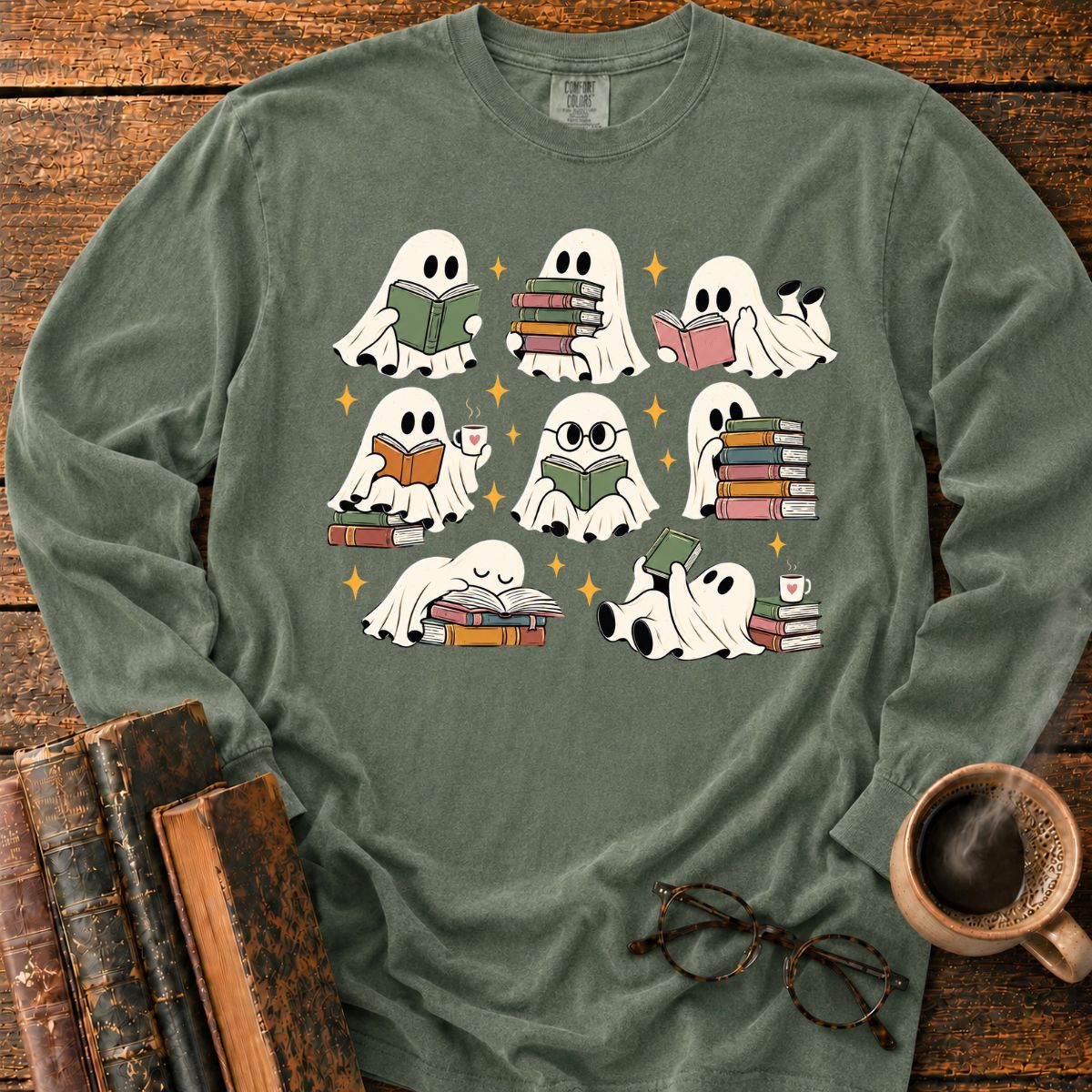 Cozy Ghosts Reading Books LS T-Shirt