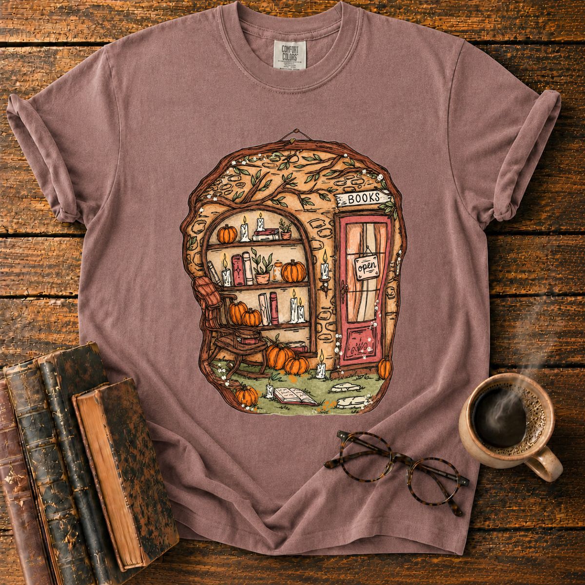 Whimsical Autumn Treehouse Bookstore T-Shirt