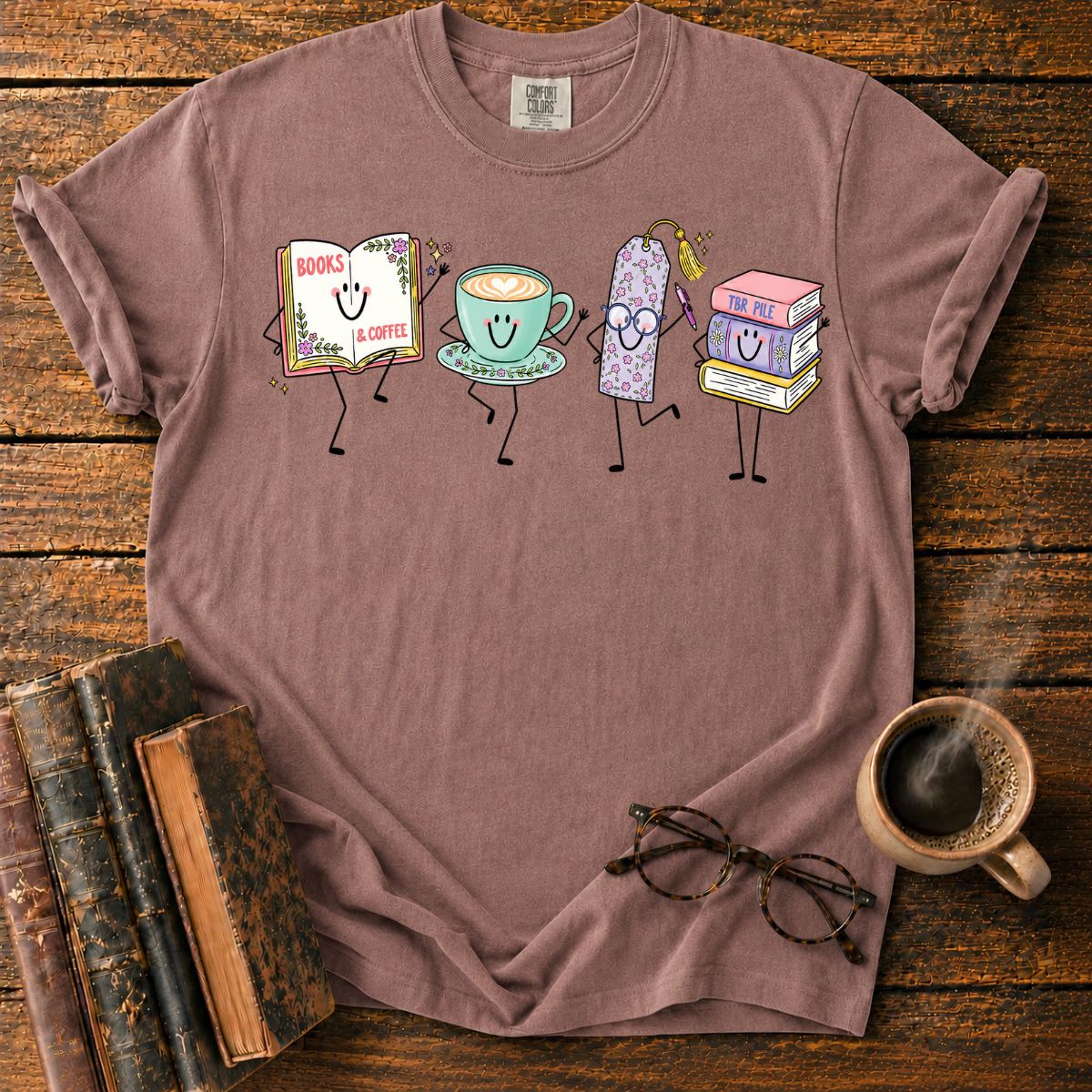 Books, Coffee, and Cheerful Bookish Friends T-Shirt