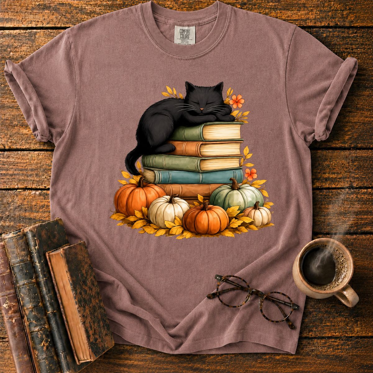 Black Cat Sleep On Books T-Shirt