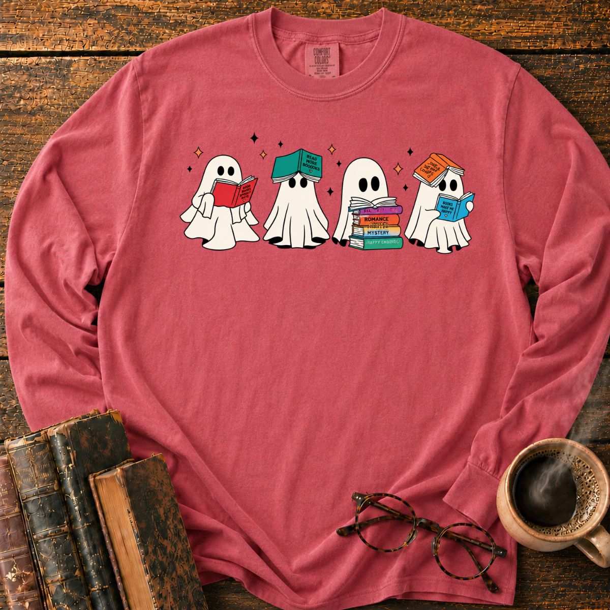 Cute Ghosts Reading Books LS T-Shirt