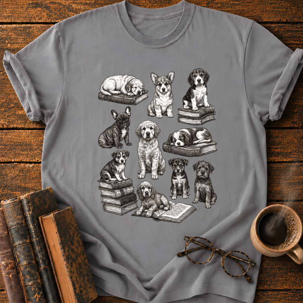 Vintage Puppy Bookworm Collage T-Shirt