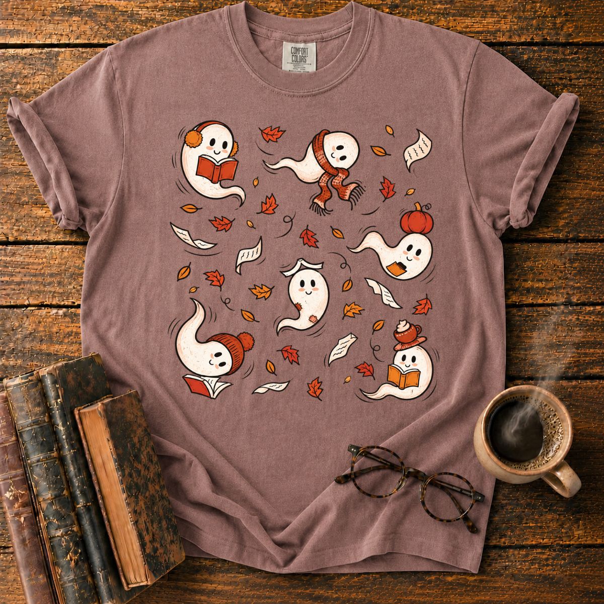 Fall Reading Ghosts Autumn Leaves T-Shirt