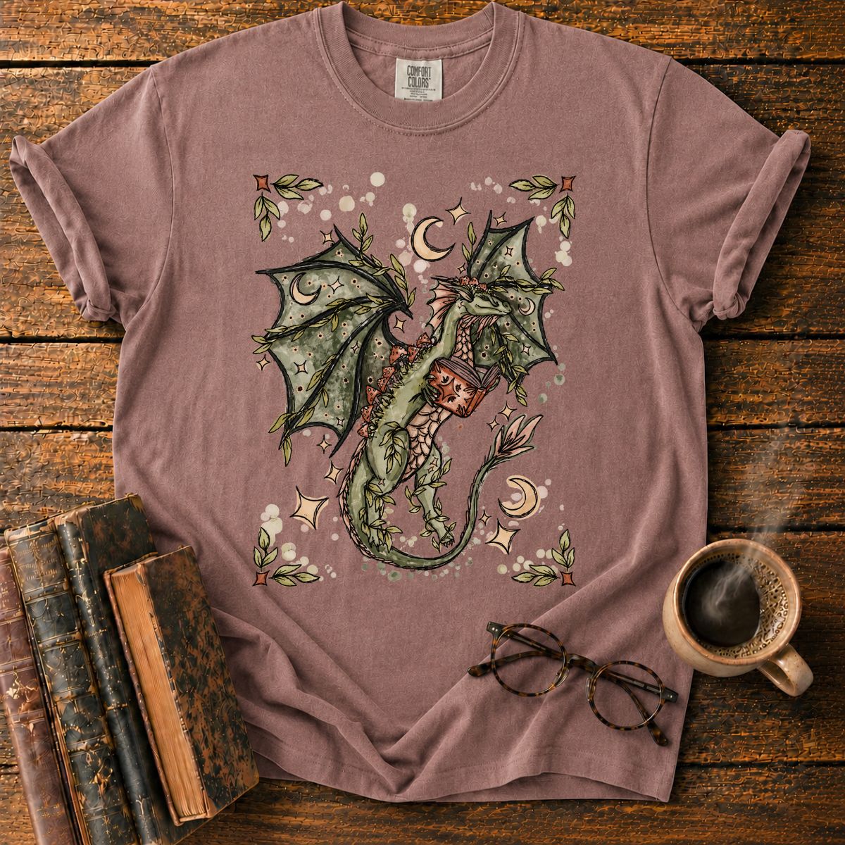 Whimsical Dragon Reading Among Stars T-Shirt