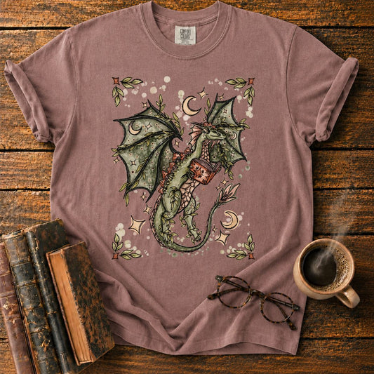 Whimsical Dragon Reading Among Stars T-Shirt