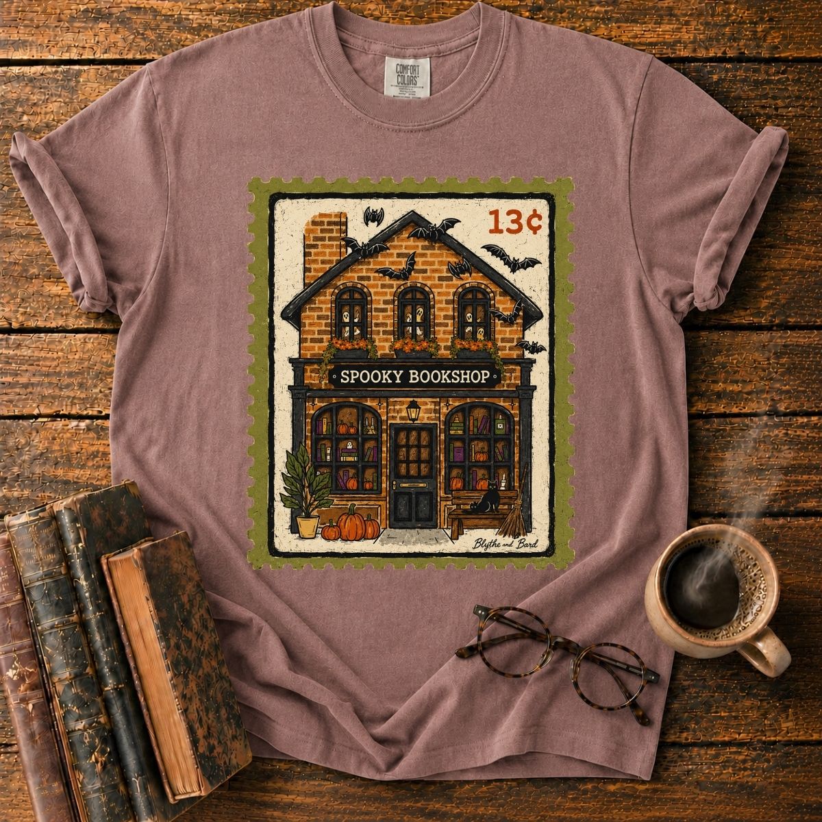 Spooky Bookshop Halloween Stamp T-Shirt