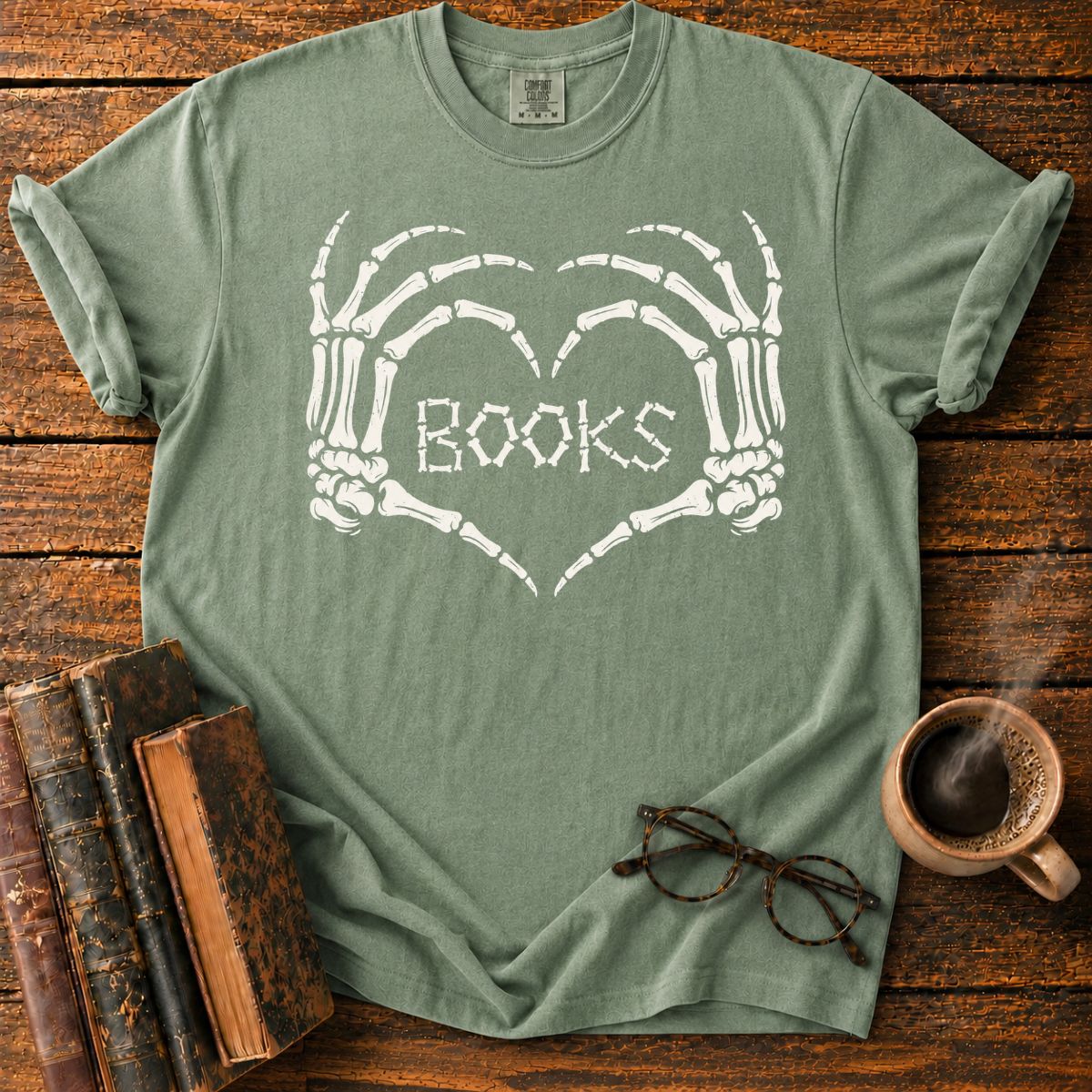 Skeleton Hands Heart Books T-Shirt