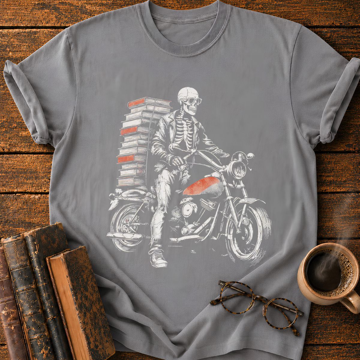 Skeletal Biker’s Tower of Books T-Shirt