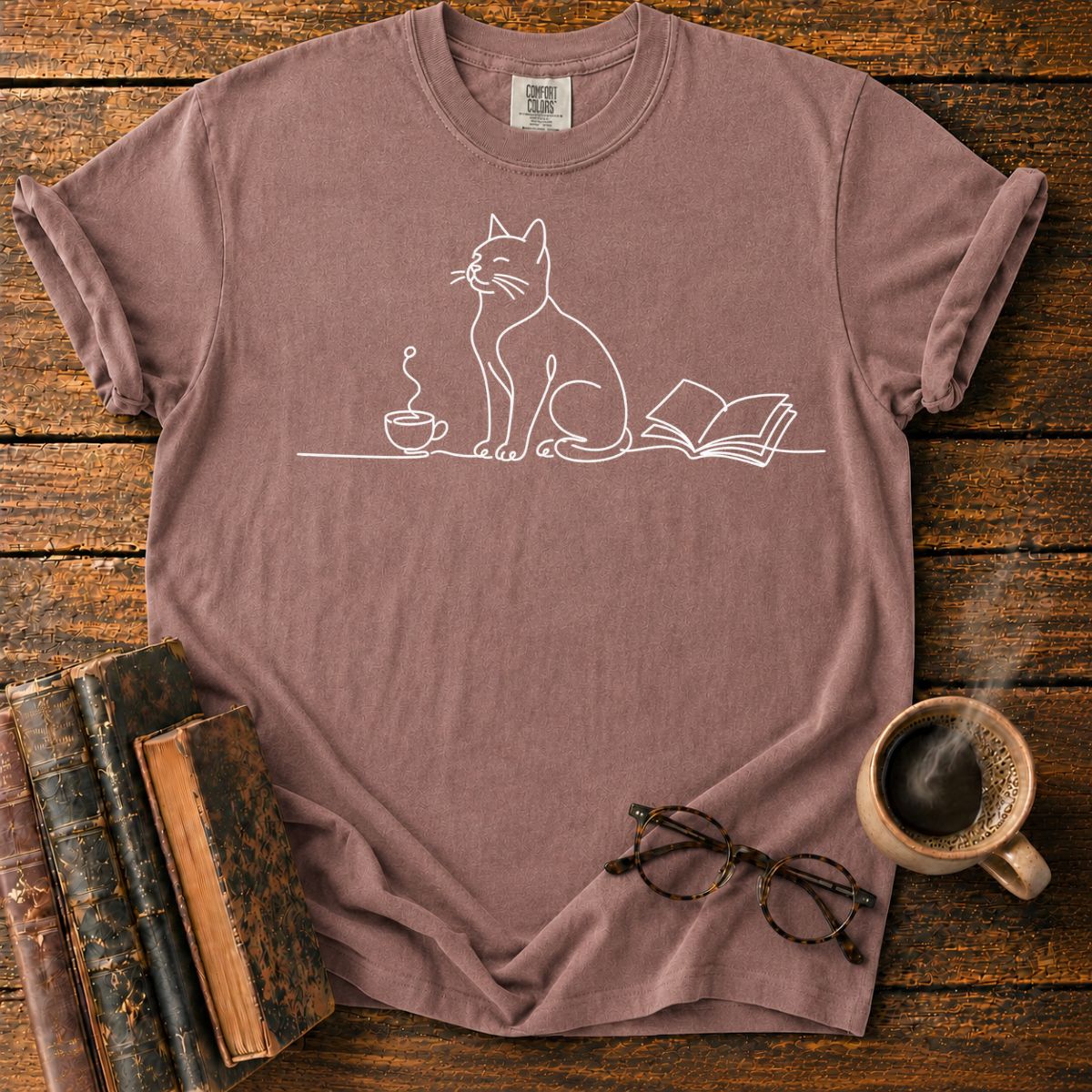 Minimalist Cat, Cup, and Book T-Shirt