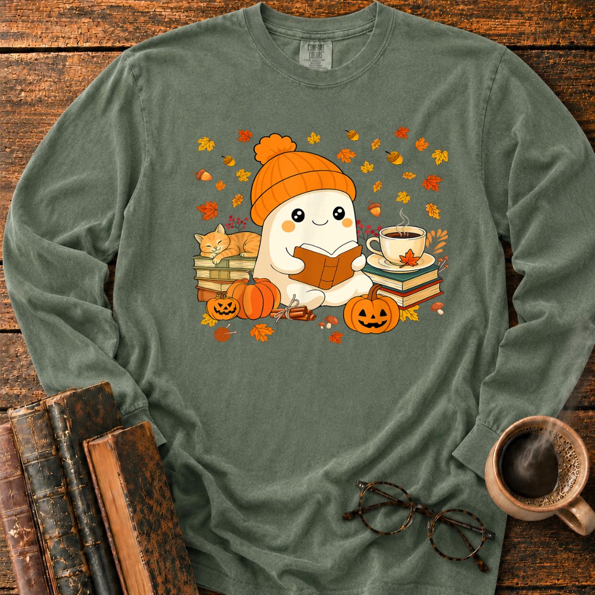 Cute Ghost Reading Book Halloween Long Sleeve T-Shirt