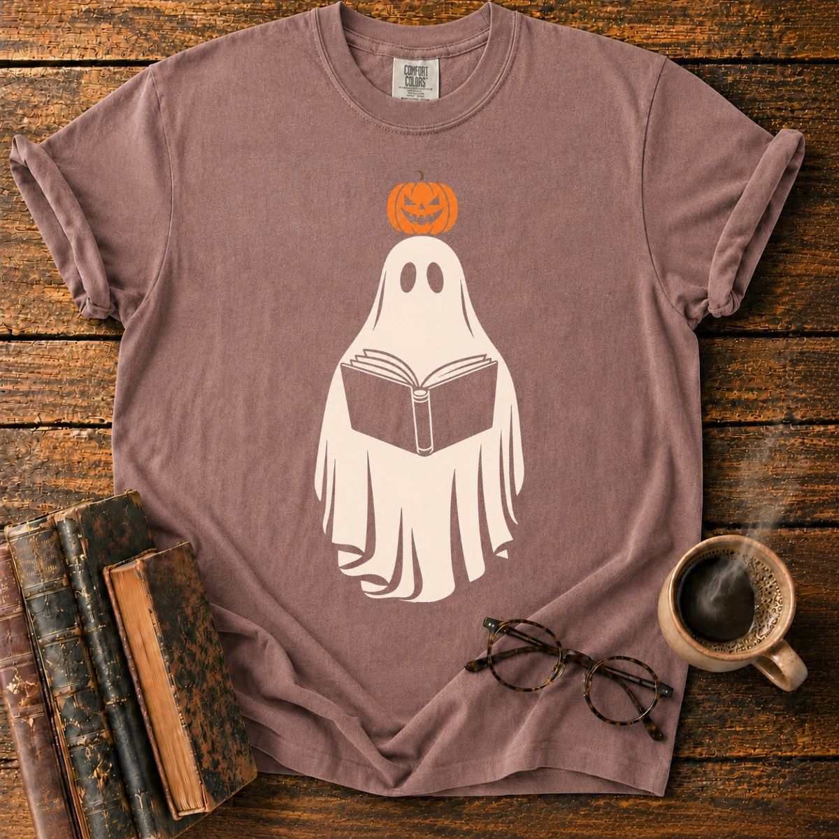 Pumpkin-Topped Ghost Reading a Book T-Shirt