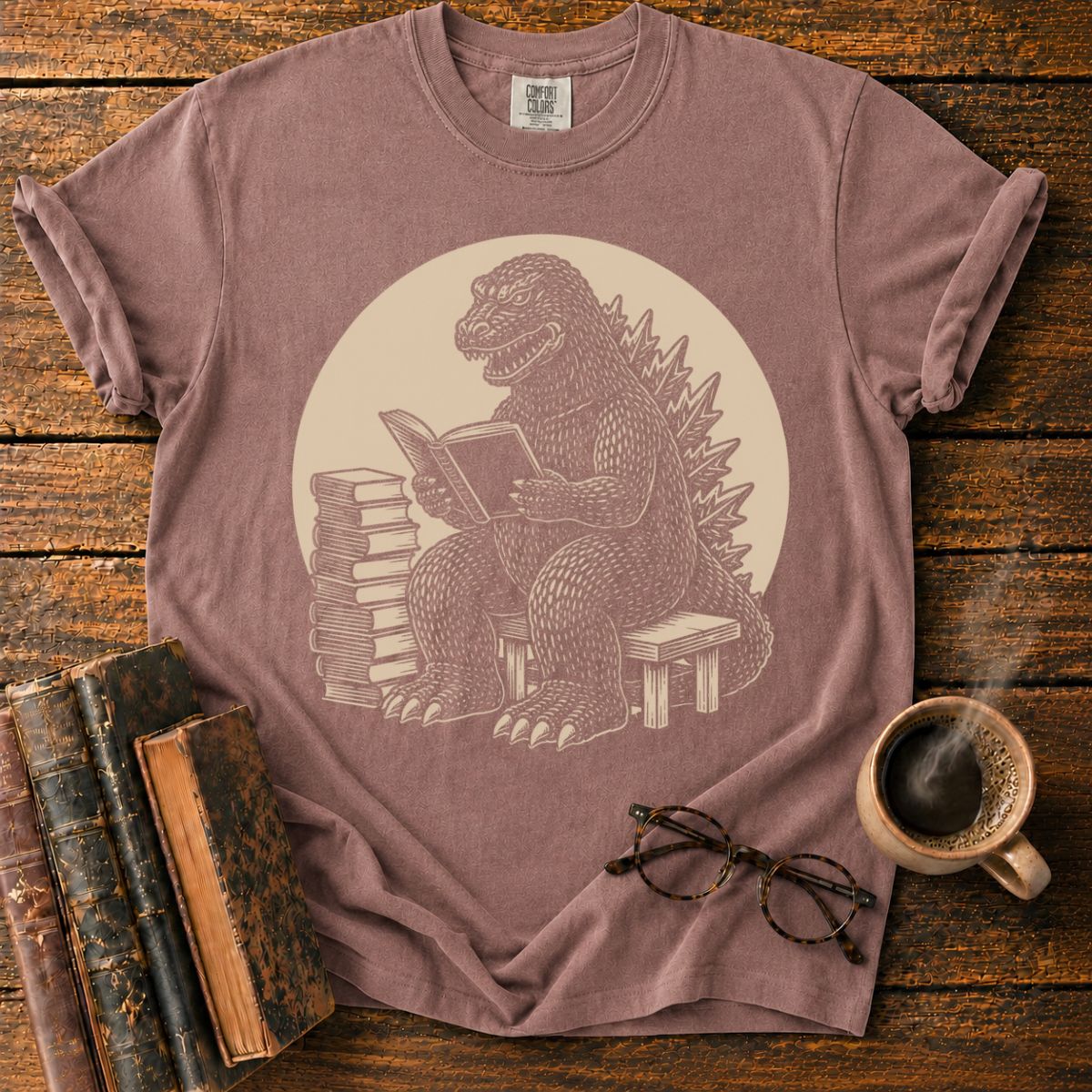 Kaiju Reading in Vintage Woodcut Style T-Shirt