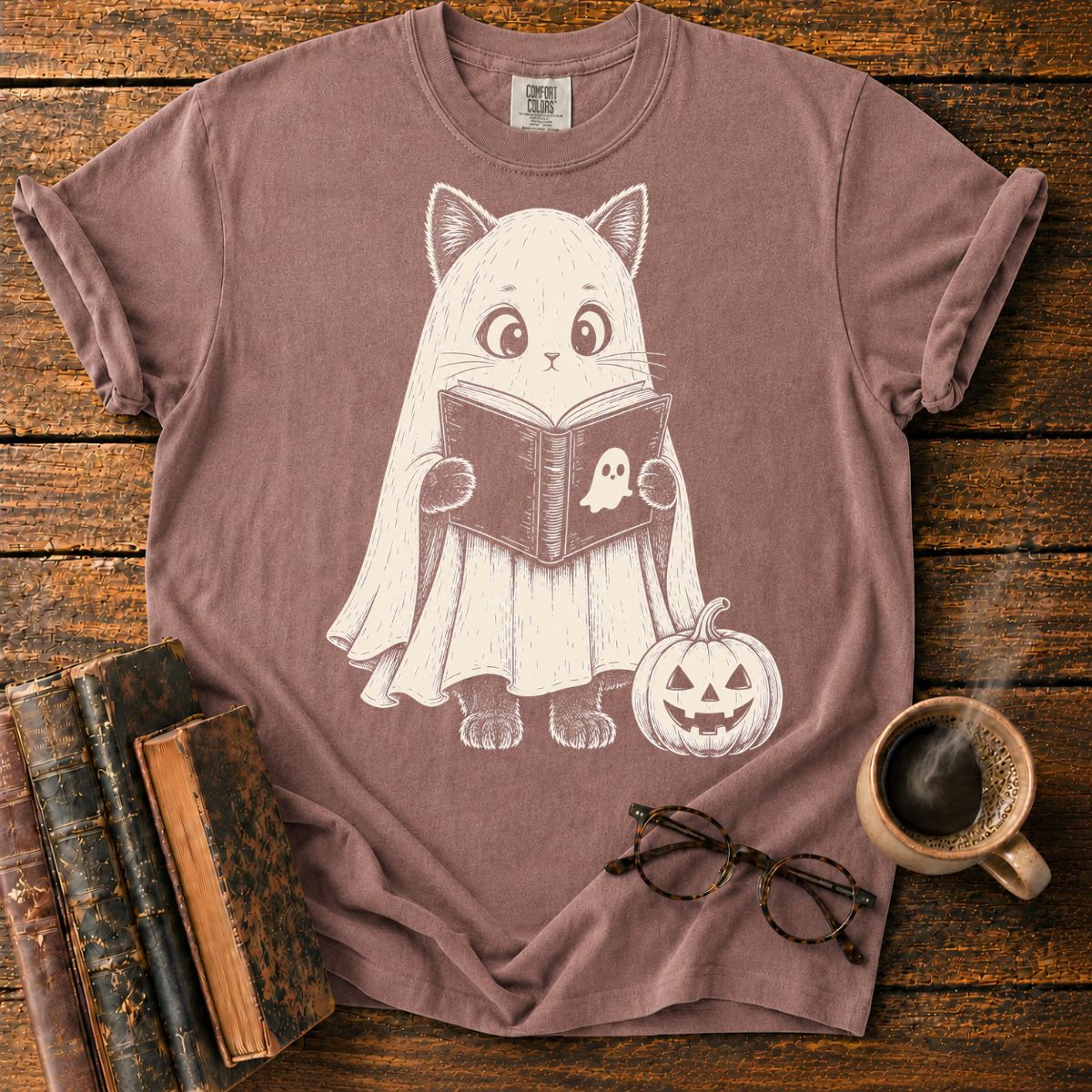 Ghost Cat Reading by Pumpkin T-Shirt