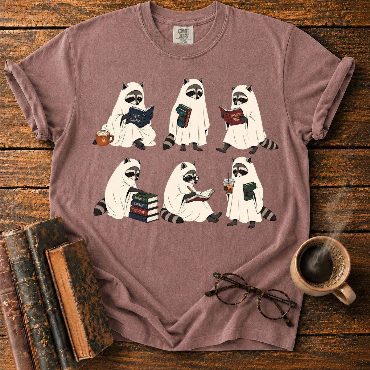 Ghostly Raccoons’ Cozy Book Club T-Shirt