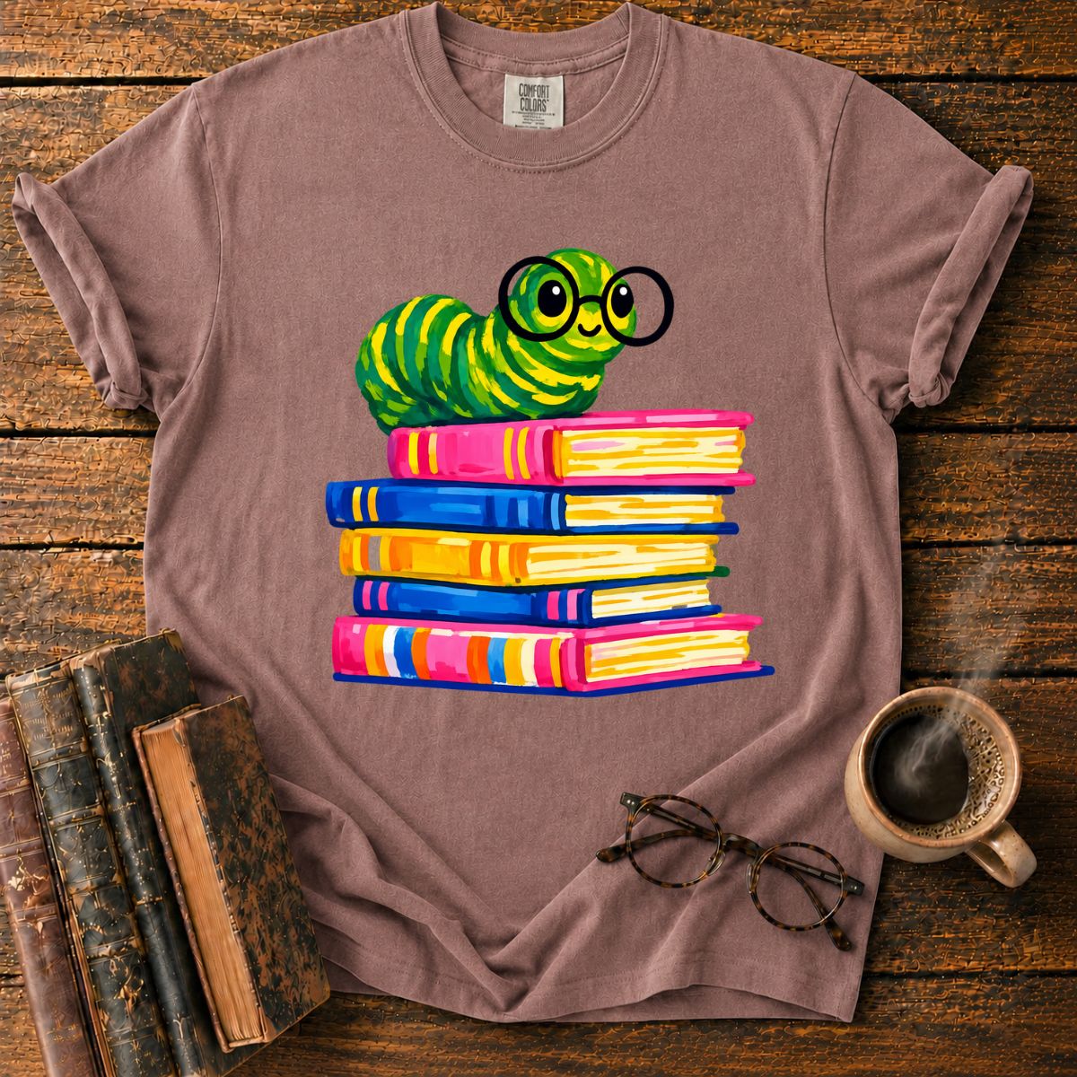 Cheerful Bookworm on Colorful Books T-Shirt