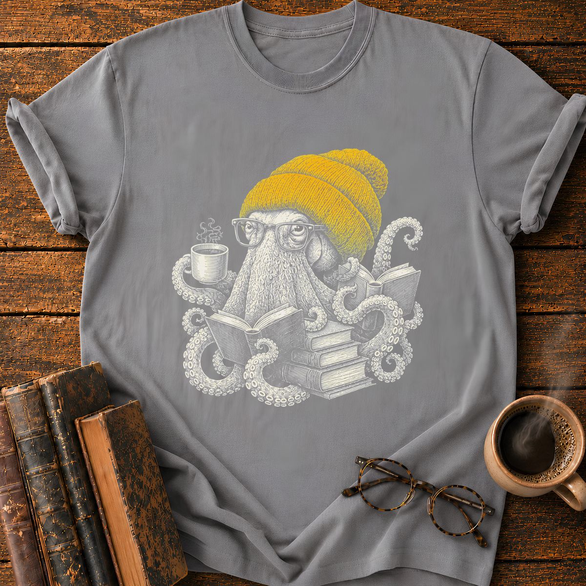 Octopus with Coffee and Books T-Shirt