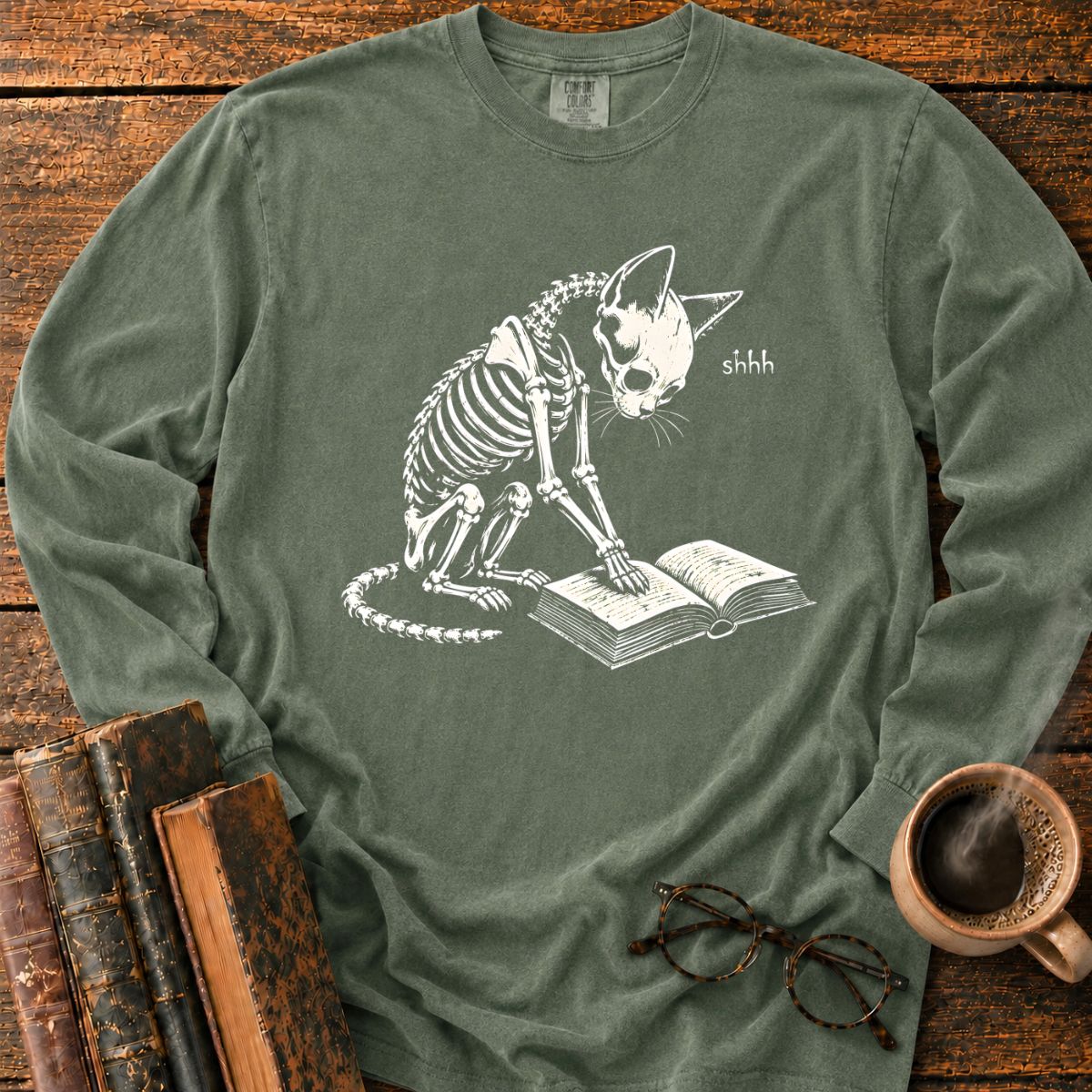 Shhh Skeleton Cat Reading LS T-Shirt