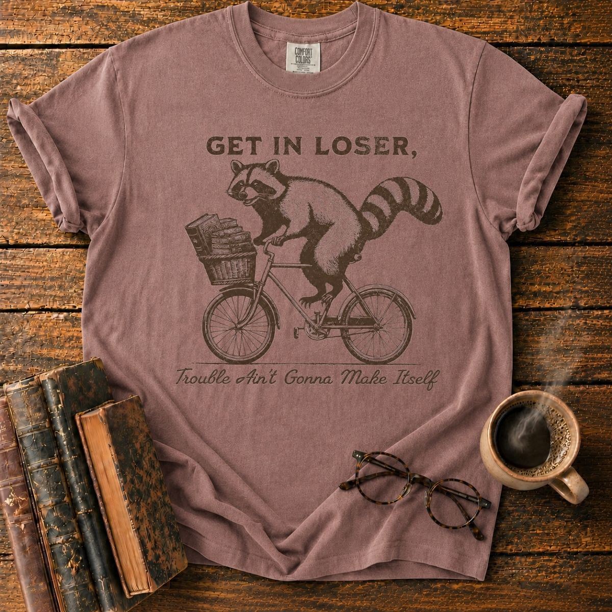 Raccoon’s Vintage Book Bike Ride T-Shirt