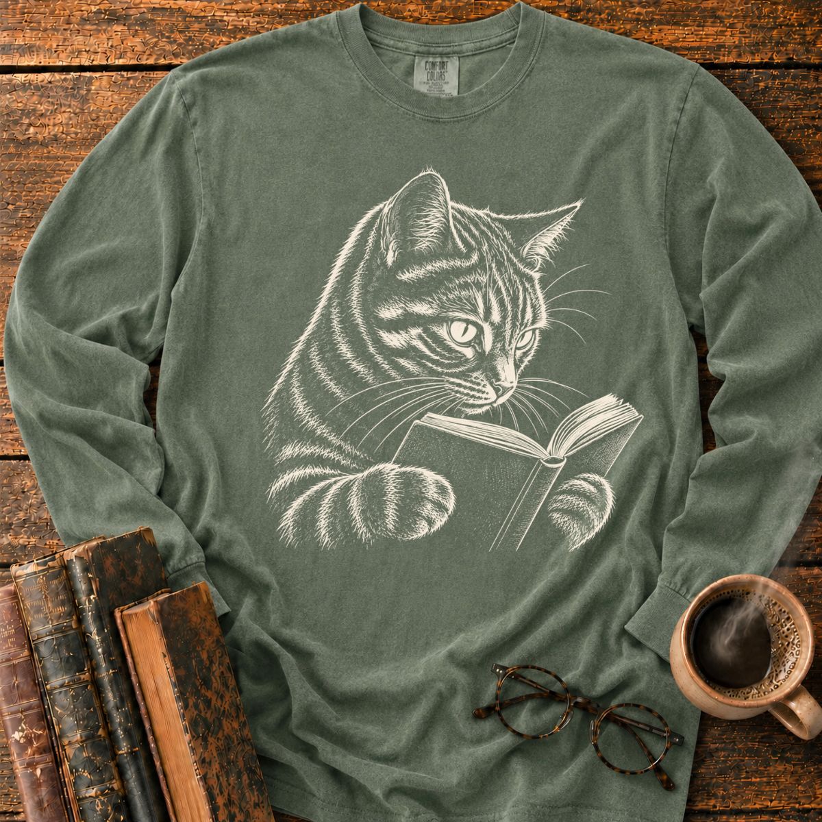 Tabby Cat Reading LS T-Shirt