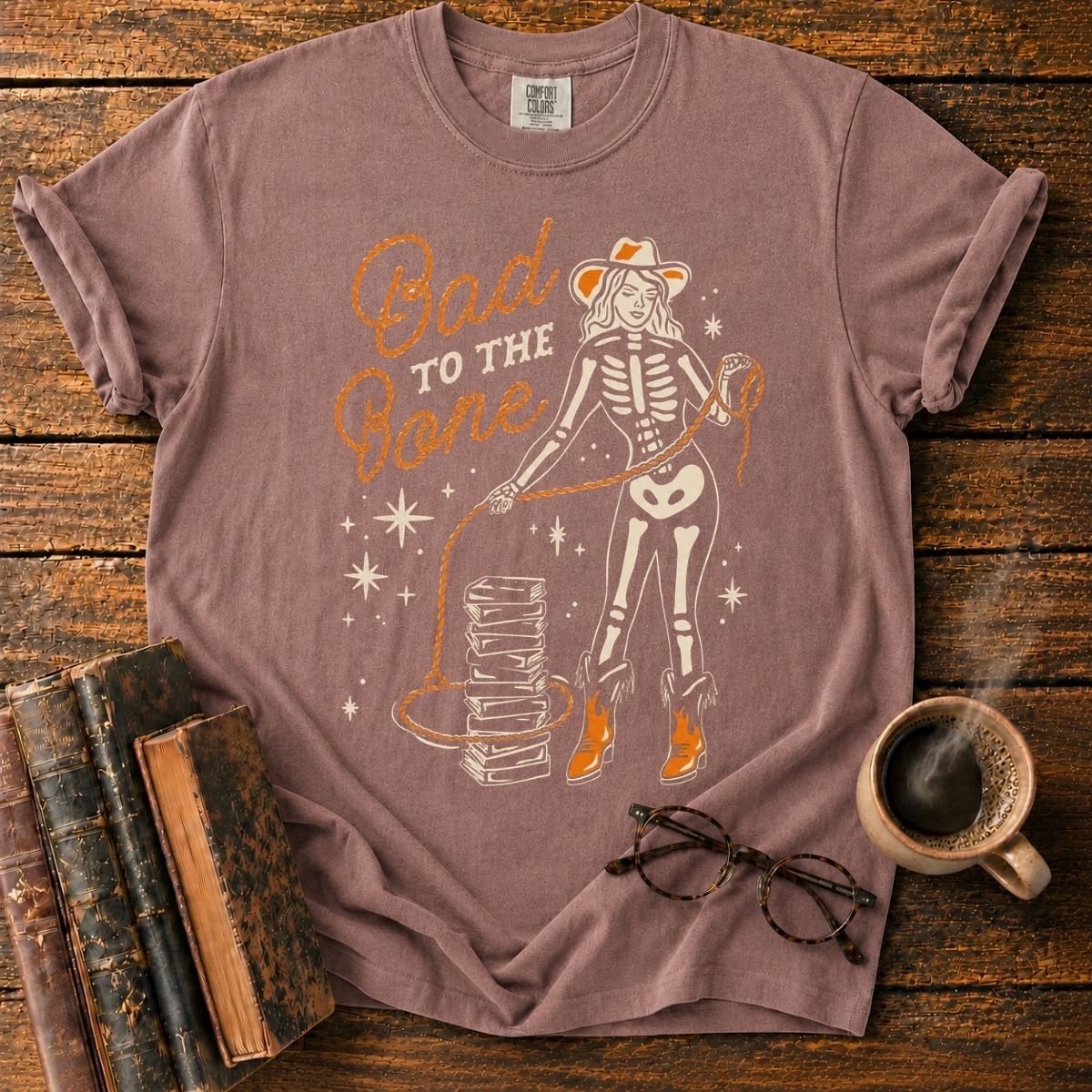 Retro Skeleton Cowgirl and Books T-Shirt