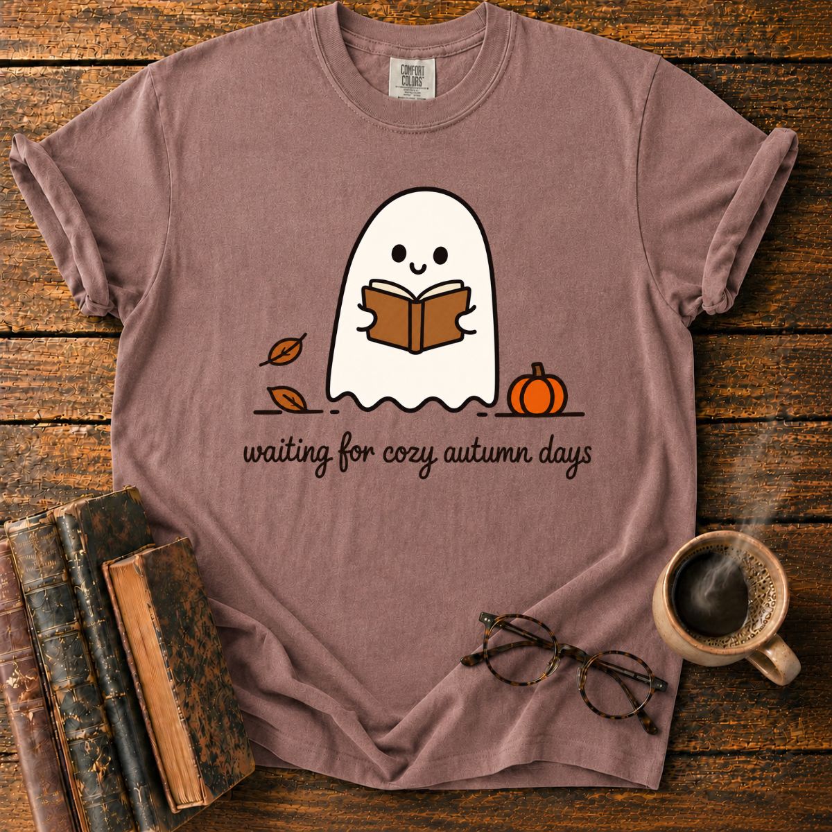 Cozy Ghost Reading Among Autumn Leaves T-Shirt