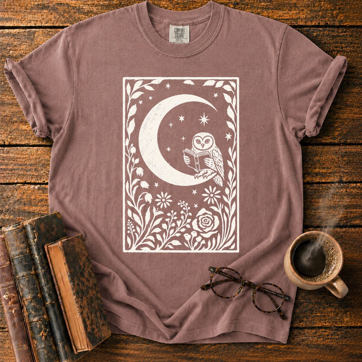 Owl Reading Beneath the Stars T-Shirt