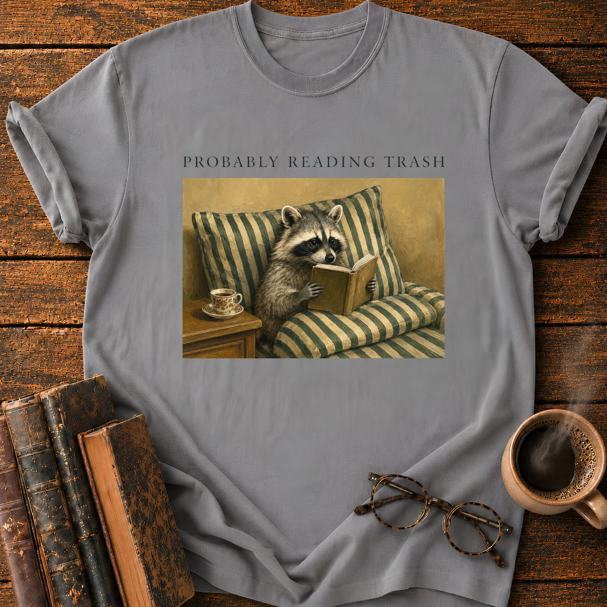 Raccoon Reading in Striped Comfort T-Shirt