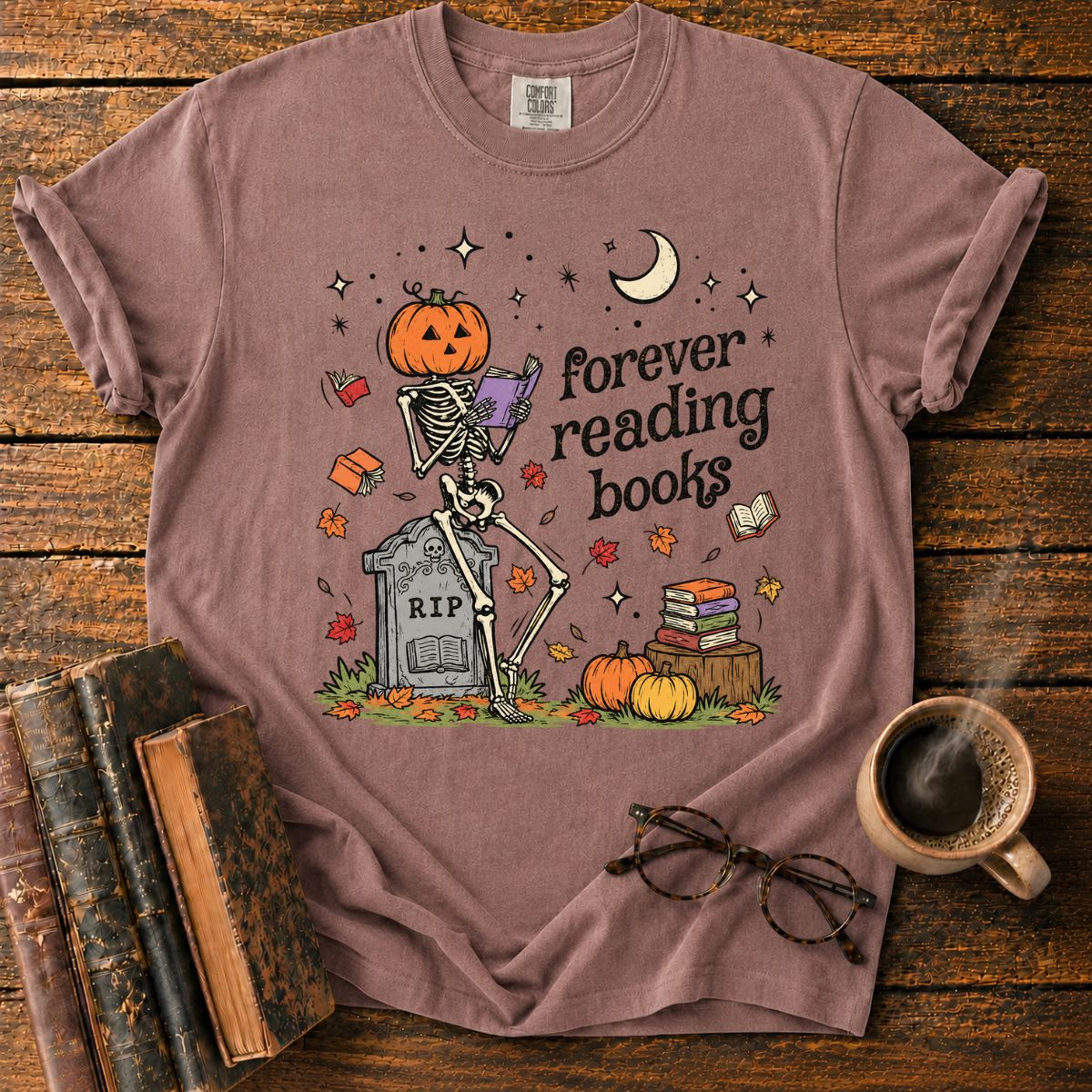 Forever Reading Books Pumpkin Skeleton T-Shirt
