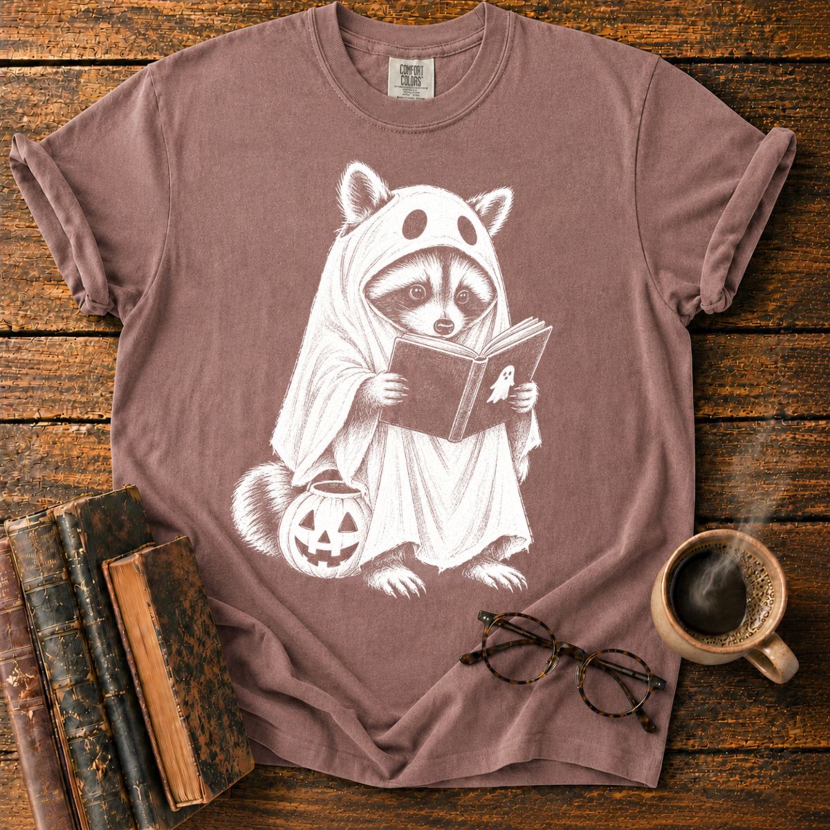 Ghostly Raccoon Reading by Pumpkin T-Shirt